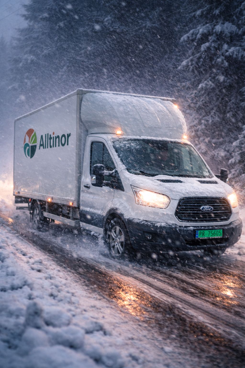 Alltinor transportbil på snødekt vei – frakt mellom Haugesund og Oslo